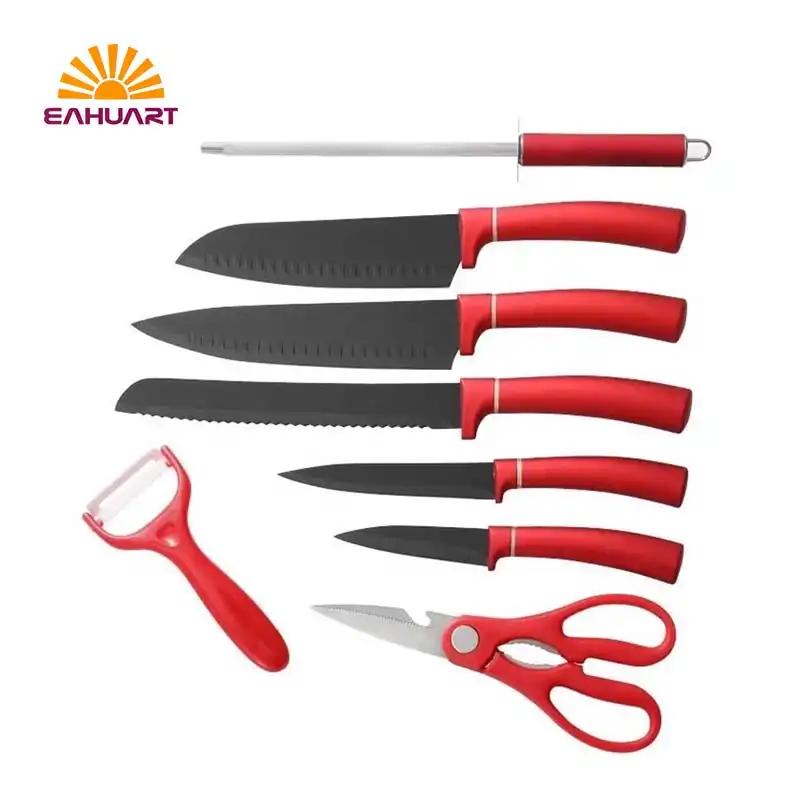 Red Handle Kitchen Knife Set with Base-Stylish, Sharp Blades